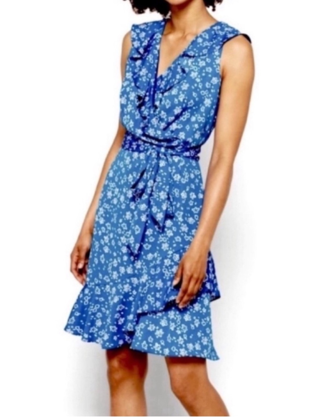 NEW DKNY Sleeveless Faux Wrap Dress Belted Ruffle V-neck Blue White Size 10